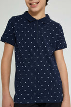 تنزيل الصورة على معرض الصور، Redtag-Navy-Allover-Print-Polo-Polo-Shirts-Senior-Boys-9 to 14 Years