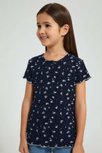 تنزيل الصورة على معرض الصور، Redtag-Navy-Floral-Print-Drop-Needle-Fabric-T-Shirt-Plain-Girls-2 to 8 Years