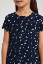تنزيل الصورة على معرض الصور، Redtag-Navy-Floral-Print-Drop-Needle-Fabric-T-Shirt-Plain-Girls-2 to 8 Years
