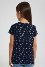 تنزيل الصورة على معرض الصور، Redtag-Navy-Floral-Print-Drop-Needle-Fabric-T-Shirt-Plain-Girls-2 to 8 Years