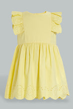 تنزيل الصورة على معرض الصور، Redtag-Yellow-Schiffli-Tank-Straps-With-Ruffle-Sleeve-And-Scallop-Hem-Dresses-Infant-Girls-3 to 24 Months