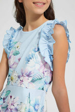 تنزيل الصورة على معرض الصور، Redtag-Lt-Blue-Floral-Ruffled-Sleeve-Dress-Dresses-Senior-Girls-9 to 14 Years