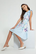 تنزيل الصورة على معرض الصور، Redtag-Lt-Blue-Floral-Ruffled-Sleeve-Dress-Dresses-Senior-Girls-9 to 14 Years