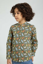 Load image into Gallery viewer, Redtag-Olive-Cat-Print-Mandarin-Collar-Long-Sleeve-Shirt-Casual-Shirts-Boys-2 to 8 Years