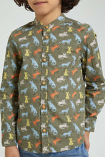 Load image into Gallery viewer, Redtag-Olive-Cat-Print-Mandarin-Collar-Long-Sleeve-Shirt-Casual-Shirts-Boys-2 to 8 Years