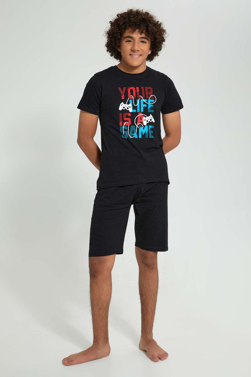 Redtag-Black-Life-Is-A-Game-Night-Suit-Pyjama-Sets-Senior-Boys-9 to 14 Years