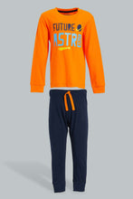 تنزيل الصورة على معرض الصور، Redtag-Orange-T-Shirt-And-Navy-Bottom-Pj-Set-(2-Pack)-Pyjama-Sets-Infant-Boys-3 to 24 Months