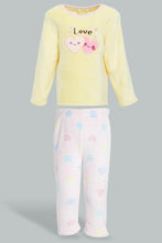 تنزيل الصورة على معرض الصور، Redtag-Yellow-Heart-Artwork-Fleece-Pyjama-Set-Pyjama-Sets-Infant-Girls-3 to 24 Months