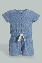 Load image into Gallery viewer, Redtag-Blue-Cpa-Sleeves-Printed-Chambray-Dungree-Jumpsuits-Infant-Girls-3 to 24 Months