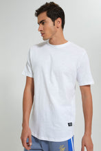 Load image into Gallery viewer, Redtag-White-Long-Length-Scoop-Heim-T-Shirt-Graphic-Prints-Men's-