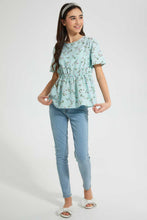 Load image into Gallery viewer, Redtag-Mint-Floral-Peplum-Top-Blouses-Senior-Girls-9 to 14 Years
