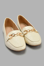 Load image into Gallery viewer, Redtag-Ivory-Loafer-With-Gold-Chain-Trim-Loafers-Women's-