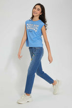 تنزيل الصورة على معرض الصور، Redtag-Blue-Shortsleeve-Top-Cropped-Tops-Senior-Girls-9 to 14 Years