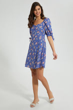 Load image into Gallery viewer, Redtag-Blue-Floral-Peasant-Style-Short-Dress-Dresses-Women's-