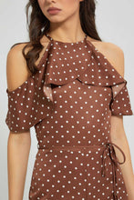 Load image into Gallery viewer, Redtag-Brown-Dotted-Ruffled-Jumpsuit-Dresses-Women's-