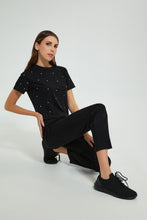تنزيل الصورة على معرض الصور، Redtag-Black-Shortsleeve-Crop-Top-With-Studs-All-Over-Graphic-Prints-Women's-