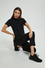 تنزيل الصورة على معرض الصور، Redtag-Black-Shortsleeve-Crop-Top-With-Studs-All-Over-Graphic-Prints-Women's-