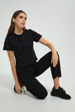 تنزيل الصورة على معرض الصور، Redtag-Black-Shortsleeve-Crop-Top-With-Studs-All-Over-Graphic-Prints-Women's-