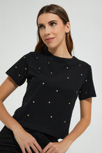 تنزيل الصورة على معرض الصور، Redtag-Black-Shortsleeve-Crop-Top-With-Studs-All-Over-Graphic-Prints-Women's-