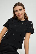 تنزيل الصورة على معرض الصور، Redtag-Black-Shortsleeve-Crop-Top-With-Studs-All-Over-Graphic-Prints-Women's-