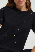 تنزيل الصورة على معرض الصور، Redtag-Black-Shortsleeve-Crop-Top-With-Studs-All-Over-Graphic-Prints-Women's-