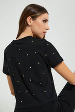 تنزيل الصورة على معرض الصور، Redtag-Black-Shortsleeve-Crop-Top-With-Studs-All-Over-Graphic-Prints-Women's-