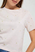 تنزيل الصورة على معرض الصور، Redtag-Pink-Shortsleeve-Crop-Top-With-Studs-All-Over-Graphic-Prints-Women's-