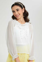 تنزيل الصورة على معرض الصور، Redtag-White/Silver-Lurex-Ruffled-Front-Blouse-Blouses-Senior-Girls-9 to 14 Years