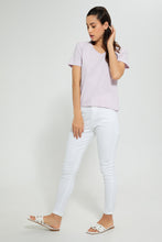 تنزيل الصورة على معرض الصور، Redtag-Lilac--Plain-Short--Sleeve--V-Neck-T-Shirt-Active-Tees-Women's-