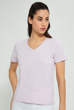 تنزيل الصورة على معرض الصور، Redtag-Lilac--Plain-Short--Sleeve--V-Neck-T-Shirt-Active-Tees-Women's-