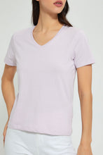 تنزيل الصورة على معرض الصور، Redtag-Lilac--Plain-Short--Sleeve--V-Neck-T-Shirt-Active-Tees-Women's-
