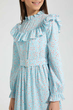 Load image into Gallery viewer, Redtag-Lt-Blue-Floral-L/S-Ruffled-Longer-Length-Dress-Dresses-Senior-Girls-9 to 14 Years