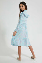 Load image into Gallery viewer, Redtag-Lt-Blue-Floral-L/S-Ruffled-Longer-Length-Dress-Dresses-Senior-Girls-9 to 14 Years