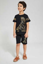 تنزيل الصورة على معرض الصور، Redtag-Black-Tiger-Print--T-Shirt-And-Short-Sets-Boys-2 to 8 Years