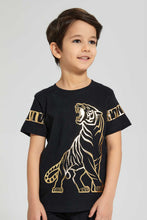 تنزيل الصورة على معرض الصور، Redtag-Black-Tiger-Print--T-Shirt-And-Short-Sets-Boys-2 to 8 Years