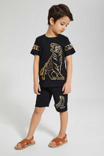 تنزيل الصورة على معرض الصور، Redtag-Black-Tiger-Print--T-Shirt-And-Short-Sets-Boys-2 to 8 Years