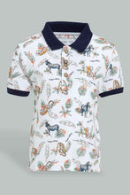تنزيل الصورة على معرض الصور، Redtag-White-Safari-Animal-Print-Short-Sleeve-Polo-Polo-Shirts-Infant-Boys-3 to 24 Months
