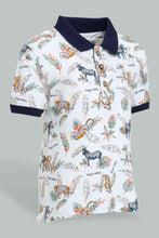 تنزيل الصورة على معرض الصور، Redtag-White-Safari-Animal-Print-Short-Sleeve-Polo-Polo-Shirts-Infant-Boys-3 to 24 Months