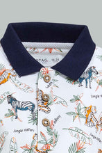 تنزيل الصورة على معرض الصور، Redtag-White-Safari-Animal-Print-Short-Sleeve-Polo-Polo-Shirts-Infant-Boys-3 to 24 Months