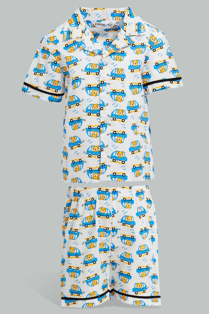Redtag-White-Car-Printed-Woven-Short-Pj-Set-(2-Pack)-Pyjama-Sets-Infant-Boys-3 to 24 Months