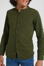 Load image into Gallery viewer, Redtag-Olive-Seer-Sucker-Solid-Casual-Shirt-Casual-Shirts-Senior-Boys-9 to 14 Years
