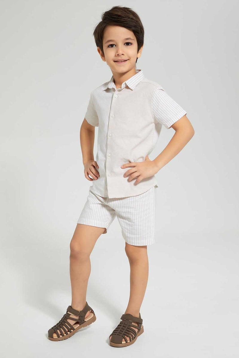 Redtag-Stone-Stripe-Panelled-Shirt-And-Short-Set-Sets-Boys-2 to 8 Years