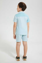 تنزيل الصورة على معرض الصور، Redtag-Navy-Stripe-Panelled-Shirt-And-Short-Set-Sets-Boys-2 to 8 Years
