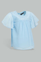 تنزيل الصورة على معرض الصور، Redtag-Blue-Fluter-Sleeves-Front-Sequins-Blouse-Blouses-Infant-Girls-3 to 24 Months