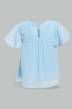 تنزيل الصورة على معرض الصور، Redtag-Blue-Fluter-Sleeves-Front-Sequins-Blouse-Blouses-Infant-Girls-3 to 24 Months