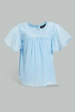 تنزيل الصورة على معرض الصور، Redtag-Blue-Fluter-Sleeves-Front-Sequins-Blouse-Blouses-Infant-Girls-3 to 24 Months