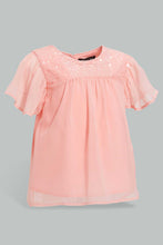 تنزيل الصورة على معرض الصور، Redtag-Light-Coral-Fluter-Sleeves-Front-Sequins-Blouse-Blouses-Infant-Girls-3 to 24 Months