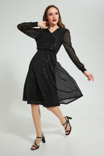 تنزيل الصورة على معرض الصور، Redtag-Black-Shimmer-Wrap-Dress-Dresses-Women's-