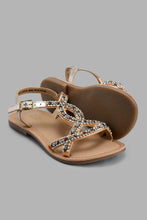 تنزيل الصورة على معرض الصور، Redtag-Copper-Diamante-Festive-Look-Leather-Sandal-Casual-Sandals-Girls-3 to 5 Years