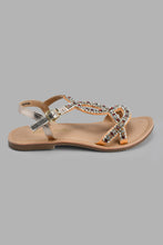 تنزيل الصورة على معرض الصور، Redtag-Copper-Diamante-Festive-Look-Leather-Sandal-Casual-Sandals-Girls-3 to 5 Years
